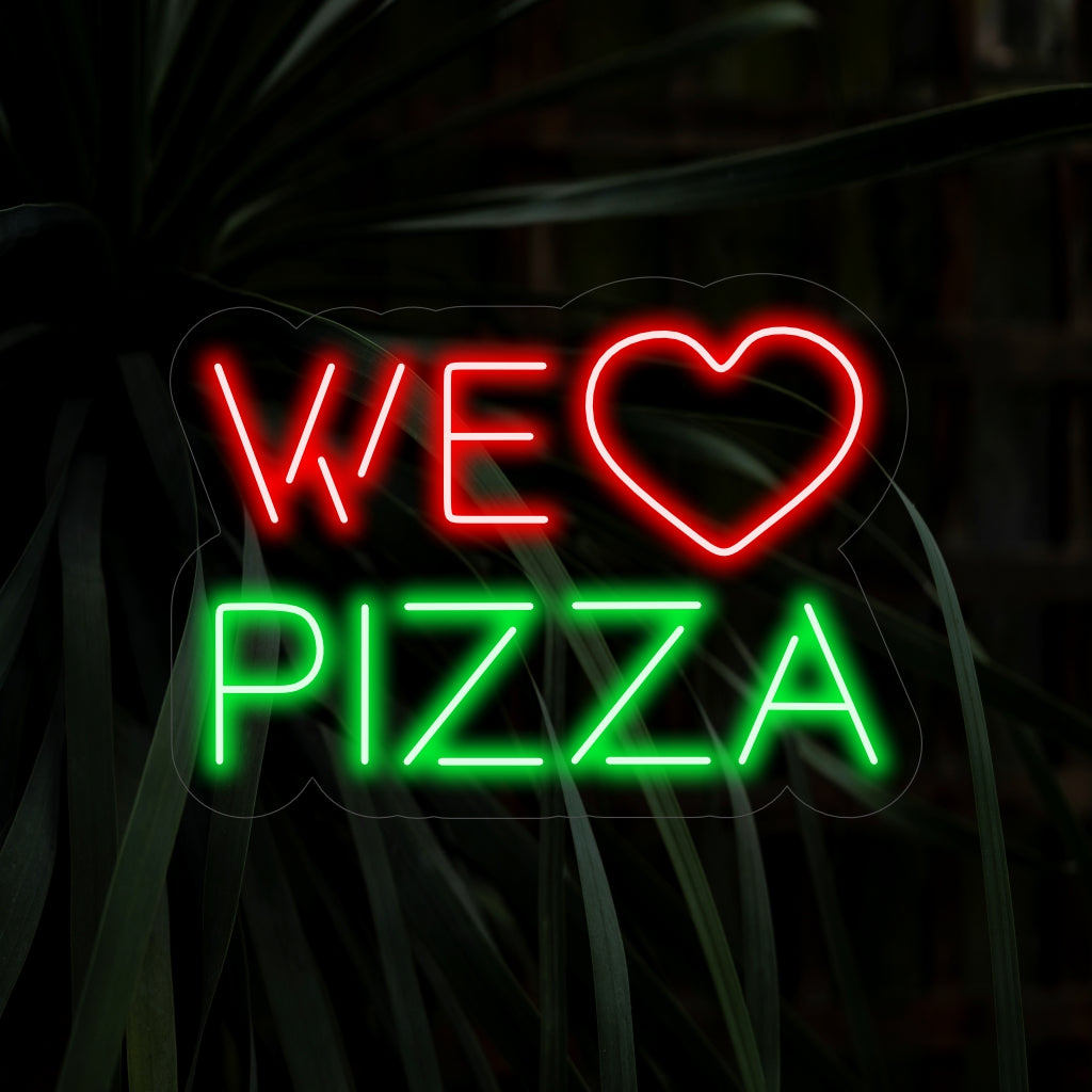 Das Neonschild „We Love Pizza“ leuchtet hell in einem warmen und einladenden Licht und drückt die Zuneigung zur Pizza aus.