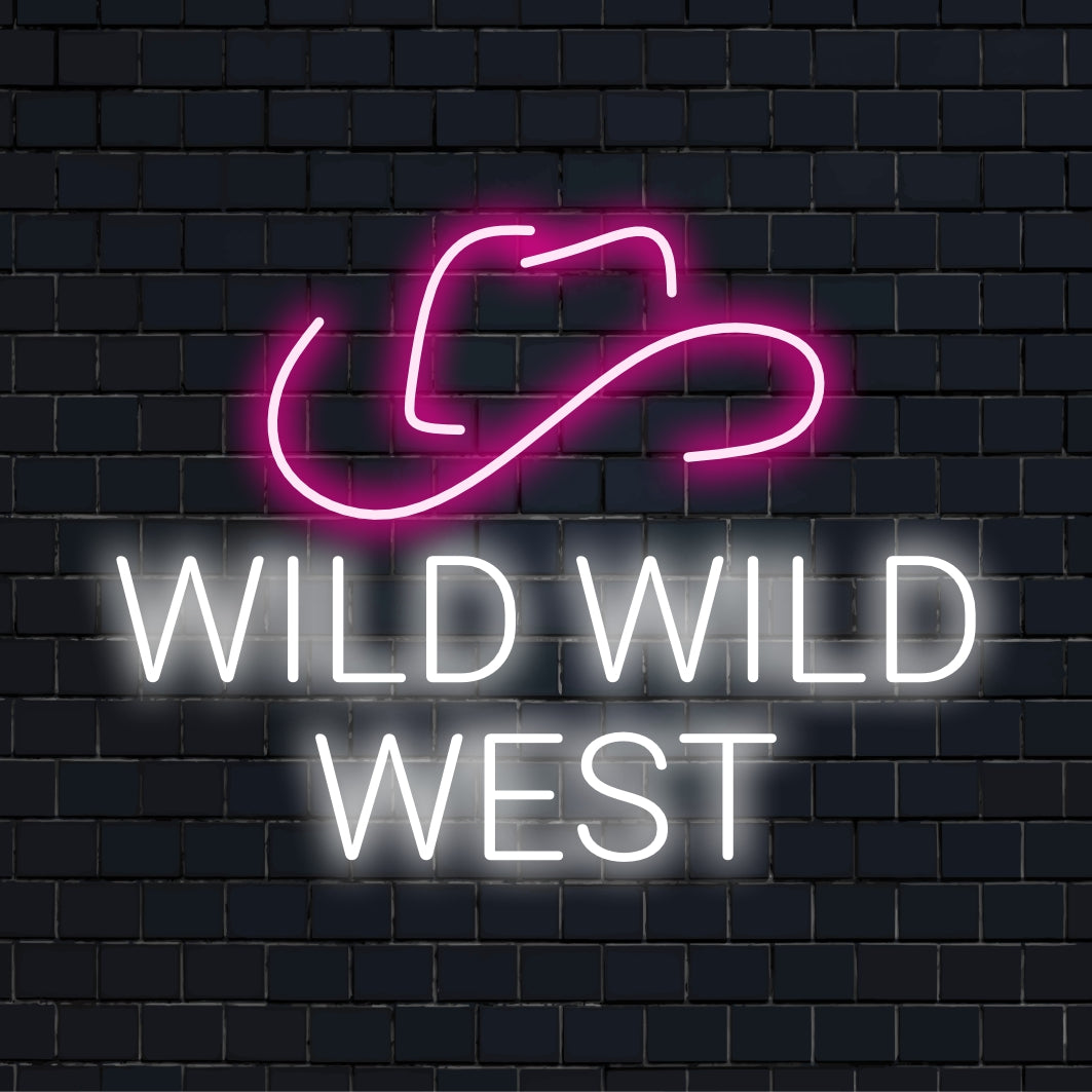 LED-Schild „Wild Wild West Cowboyhut“; eine perfekte Mischung aus Neonlichtkunst und rustikalem Charme für Ihren Raum.
