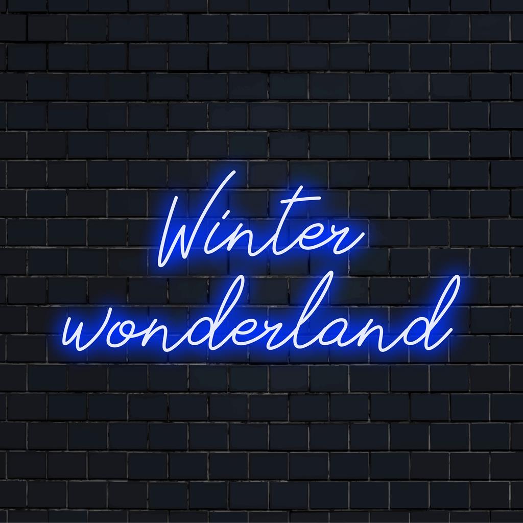 Individuelles LED-Schild mit der Aufschrift „Winter Wonderland“ in leuchtenden Farben; perfekte Neonlichtdekoration für private oder festliche Räume.
