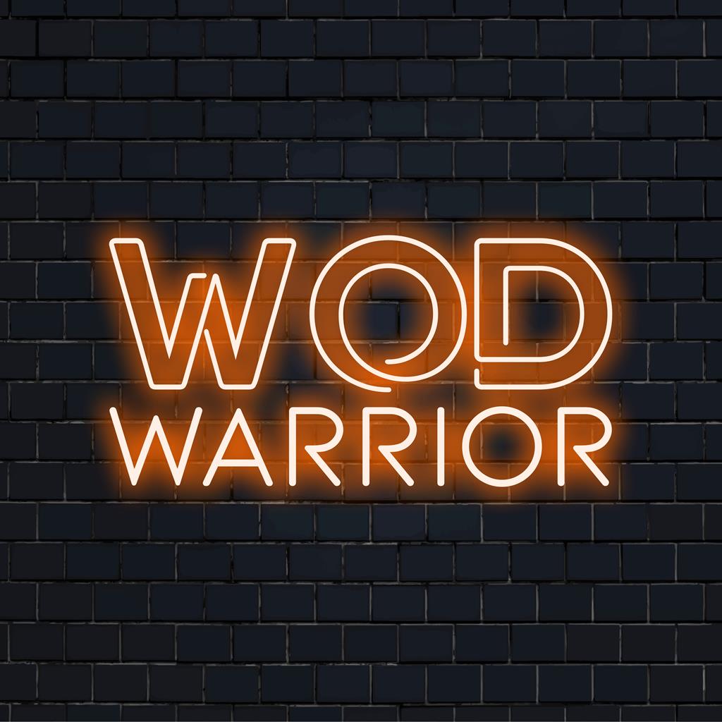 LED-Neonschild mit dem Satz „Wod Warrior“ in fetten Buchstaben; ideal für Liebhaber personalisierter Neon-Zitatkunst.