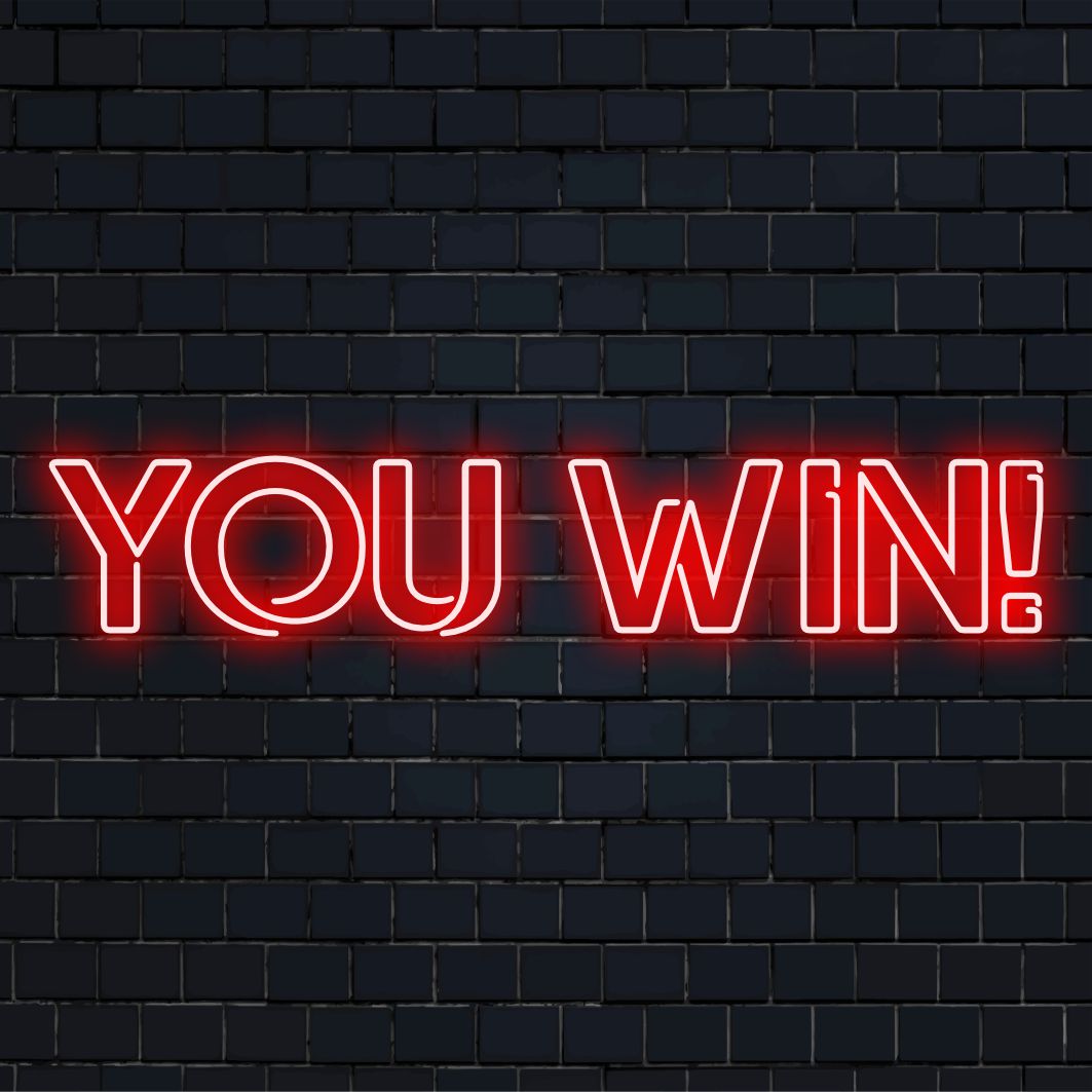 Lebendiges, individuell angefertigtes LED-Neonschild mit dem Text „You Win!“, perfekt, um Räumen mit heller Neon-Wandkunst und -Dekor Energie zu verleihen.