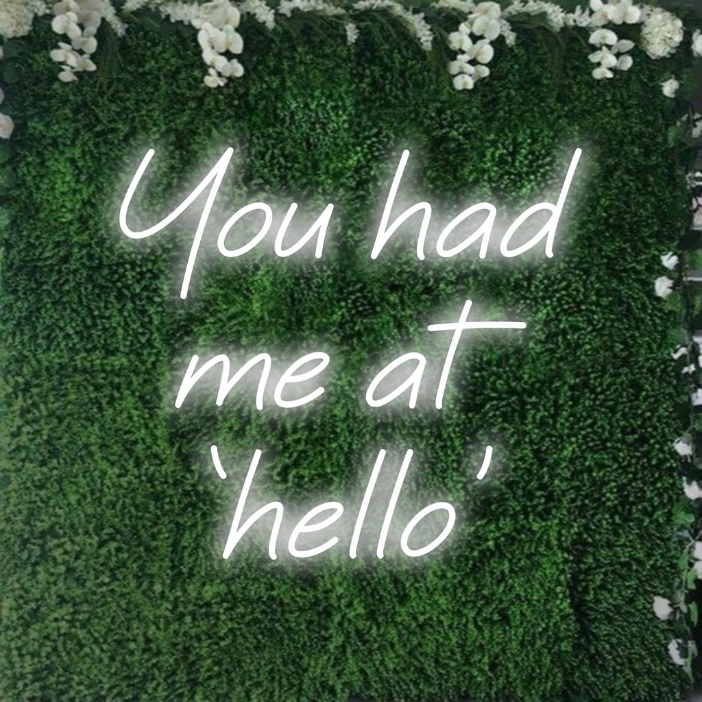 Maßgefertigtes LED-Neonschild mit der Aufschrift „You Had Me At ‚Hello‘“, perfekt für eine personalisierte und stilvolle Wandkunstdekoration.