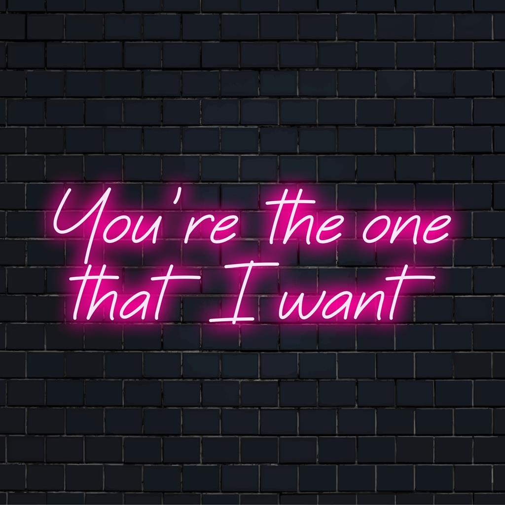 Maßgefertigtes LED-Neonschild mit der Aufschrift „You're The One That I Want“ in eleganter Schrift, ideal für eine personalisierte Neondekoration.