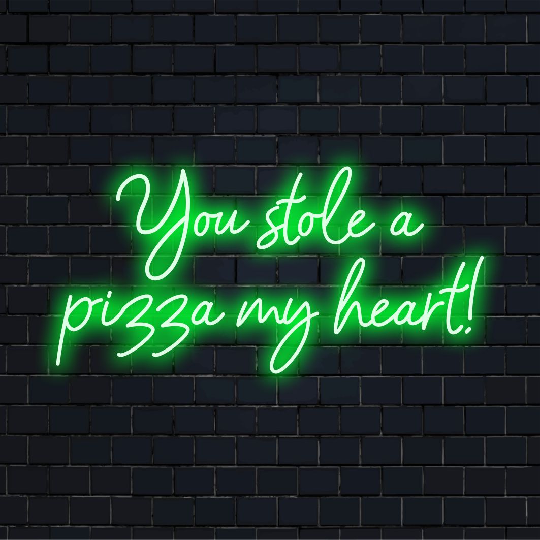 Neonschild mit dem verspielten Satz „You Stole A Pizza My Heart“, gefertigt aus leuchtenden LED-Lichtern, perfekt für eine einzigartige Wanddekoration.