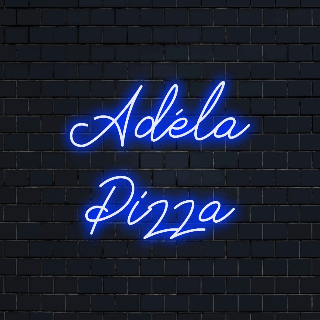 Adela Pizza Custom Name Neon Sign, soft neon glow on dark brick wall
