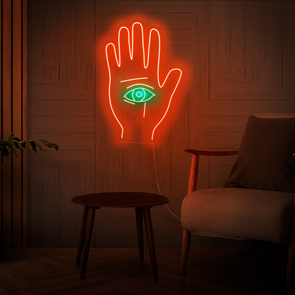 Handgefertigtes Neonschild mit dem allsehenden Auge auf einer Palme, ein mystisches und spirituelles Symbol, perfekt als Lichtwandkunst.