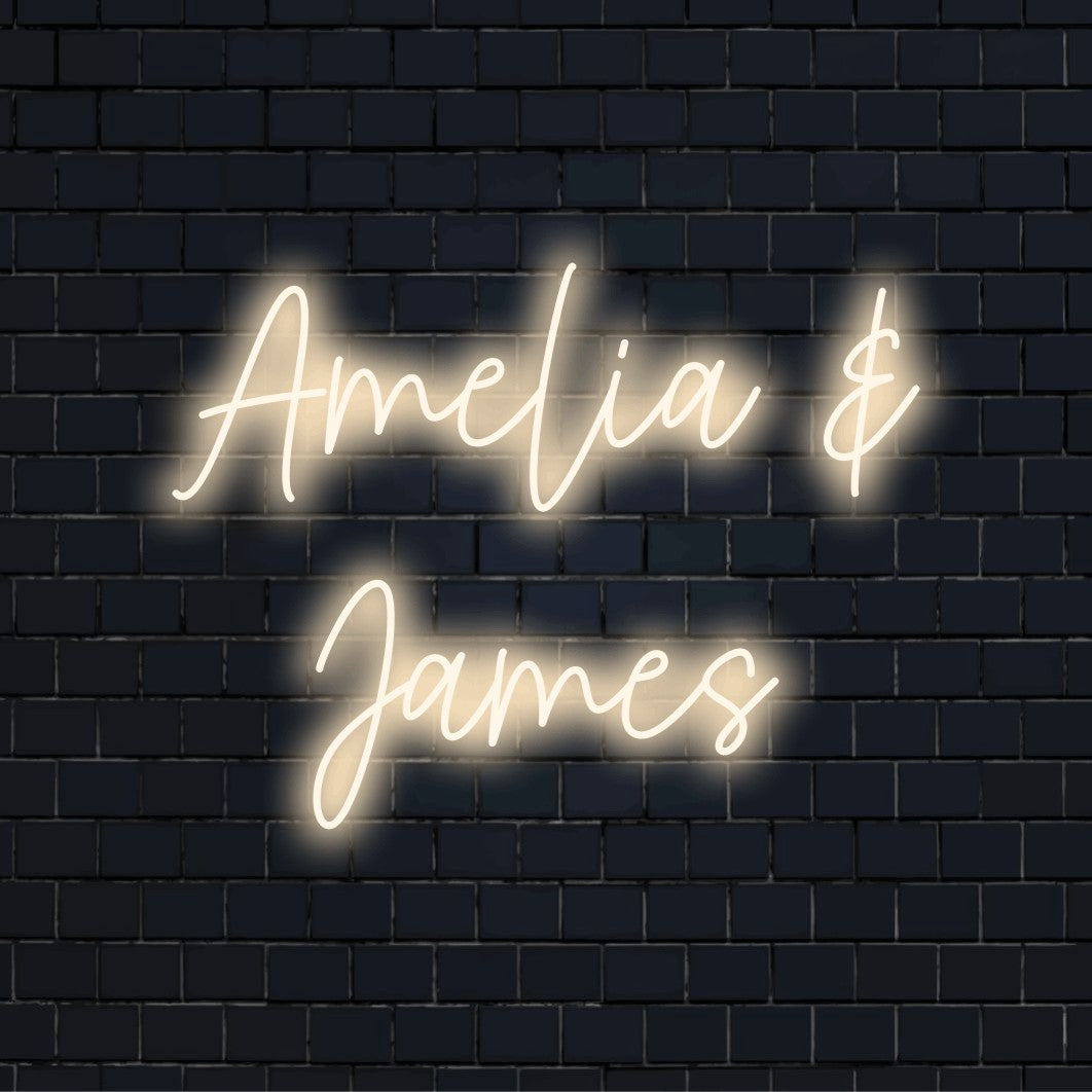 Amelia _ James Personalized LED Neon Sign, bright LED glow on black brick background
