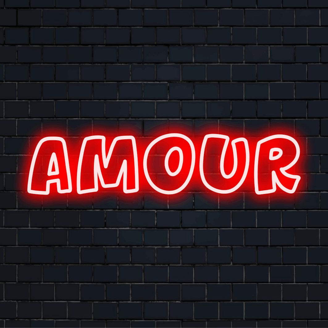 Amour LED Neon Sign, glowing neon text against black brick wall