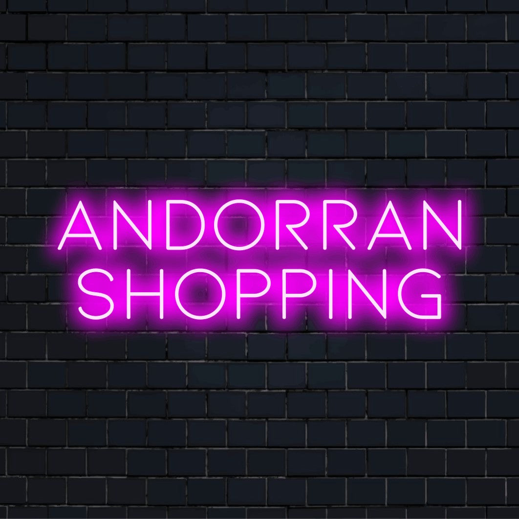 Andorran Shopping LED Neon Sign, glowing lettering on black brick background