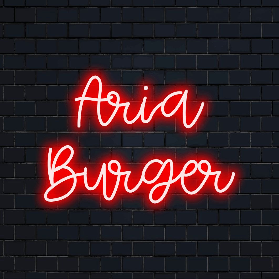 Aria Burger Personalized Neon Light with neon text light on dark brick wall