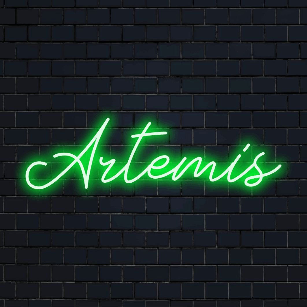 Artemis LED Neon Sign, glowing neon text on black brick background