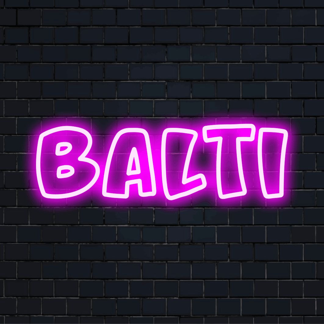 Balti LED Neon Sign, glowing lettering on dark brick background