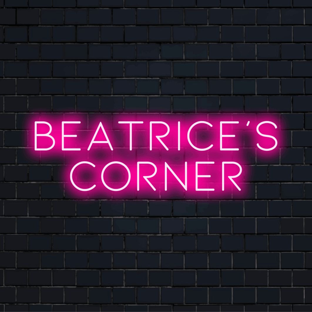 Beatrice_s Corner Personalized LED Neon Sign, bright LED glow on black brick background