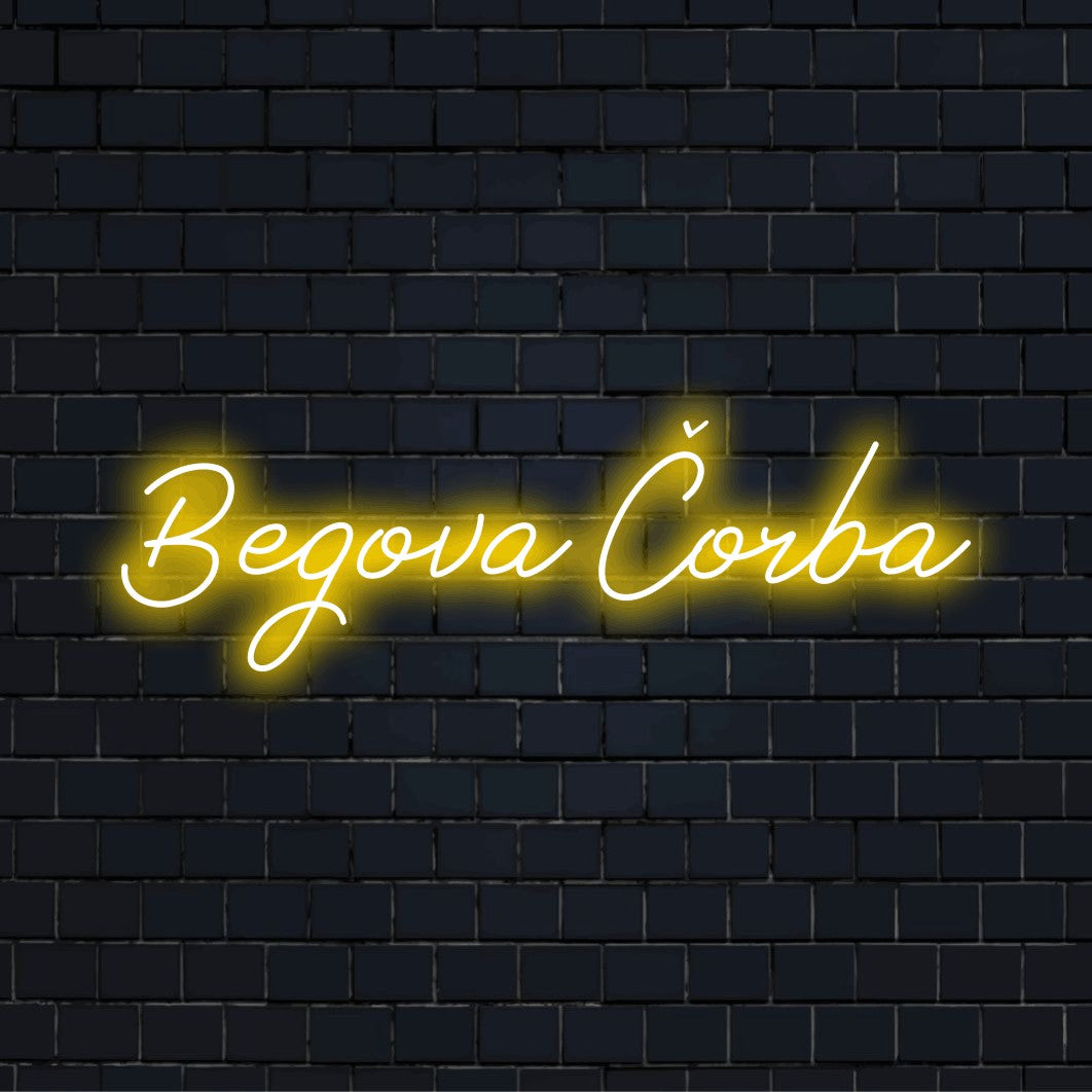 Begova Orba LED Neon Sign, bright LED glow on dark brick background