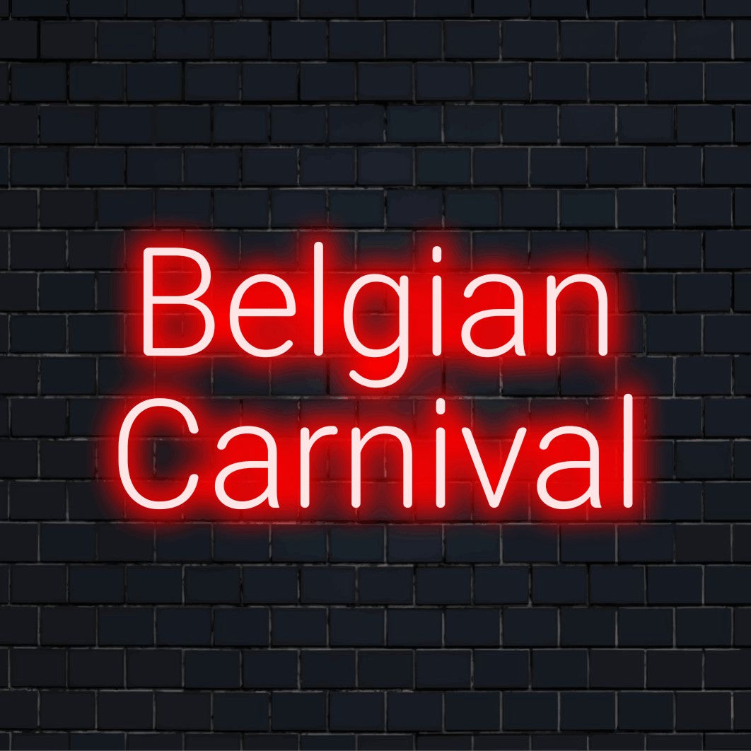 Belgian Carnival Neon Light with glowing wall decor against black brick wall