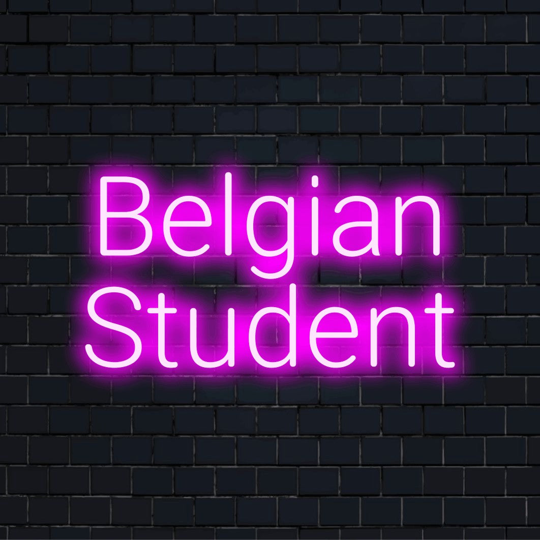 Belgian Student Neon Light with glowing lettering against brick backdrop