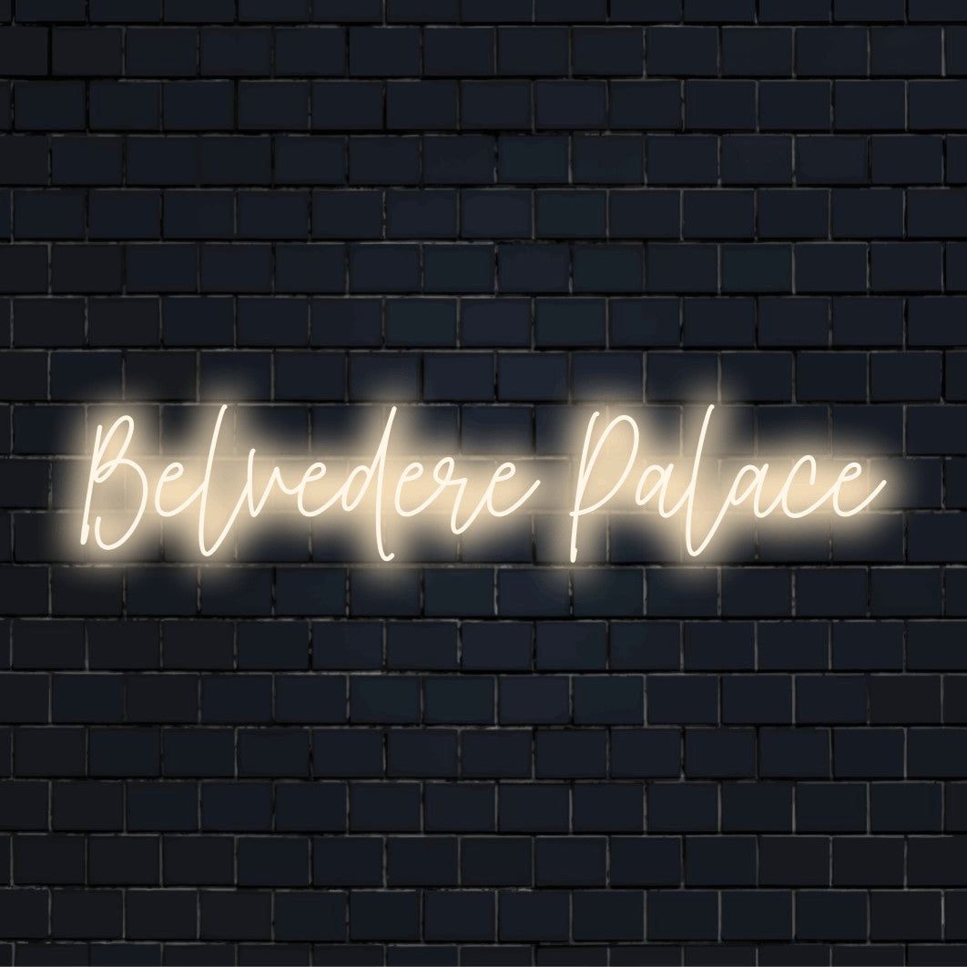Belvedere Palace LED Neon Sign, soft neon glow on black brick background