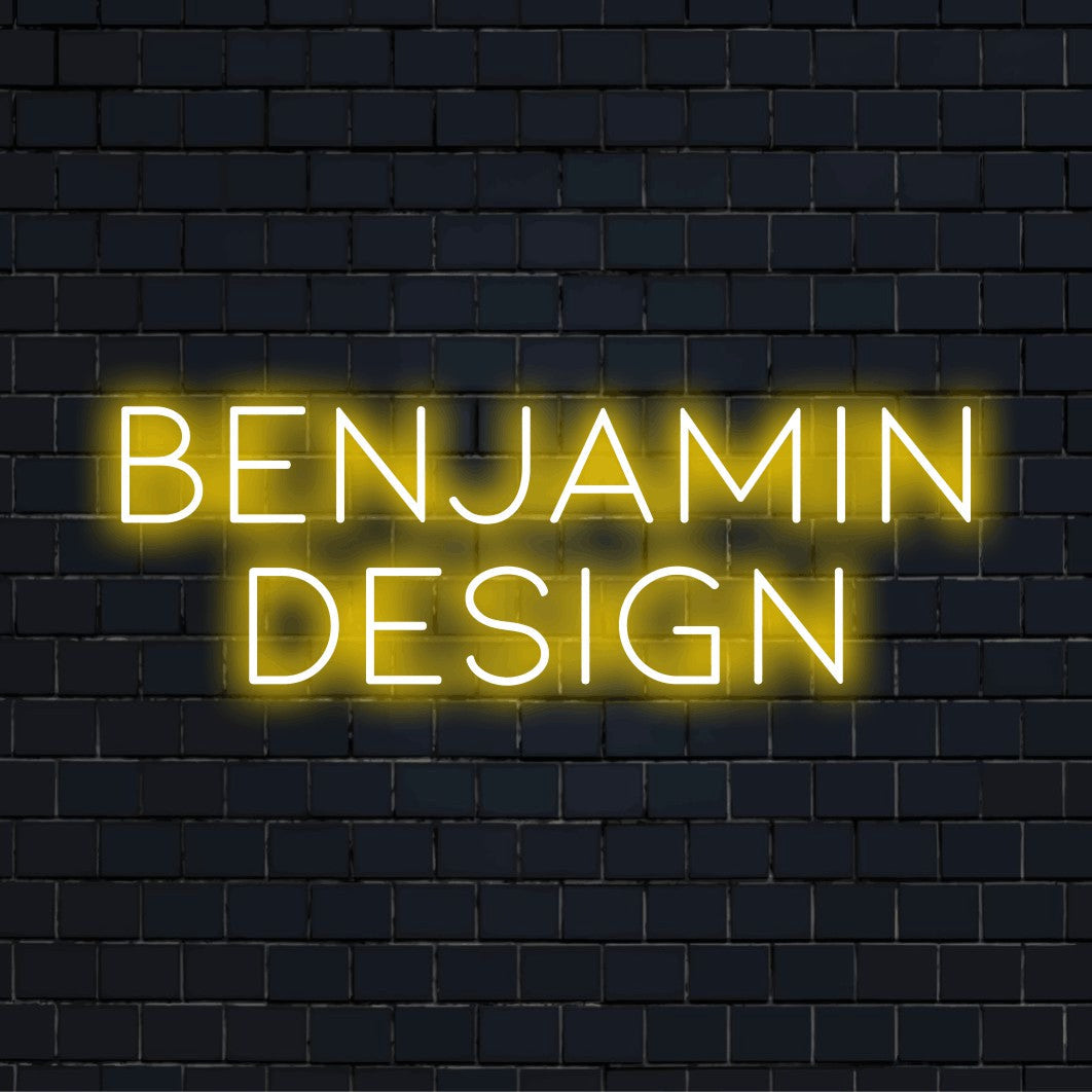 Benjamin Design Personalized LED Neon Sign, bright LED glow on dark brick wall