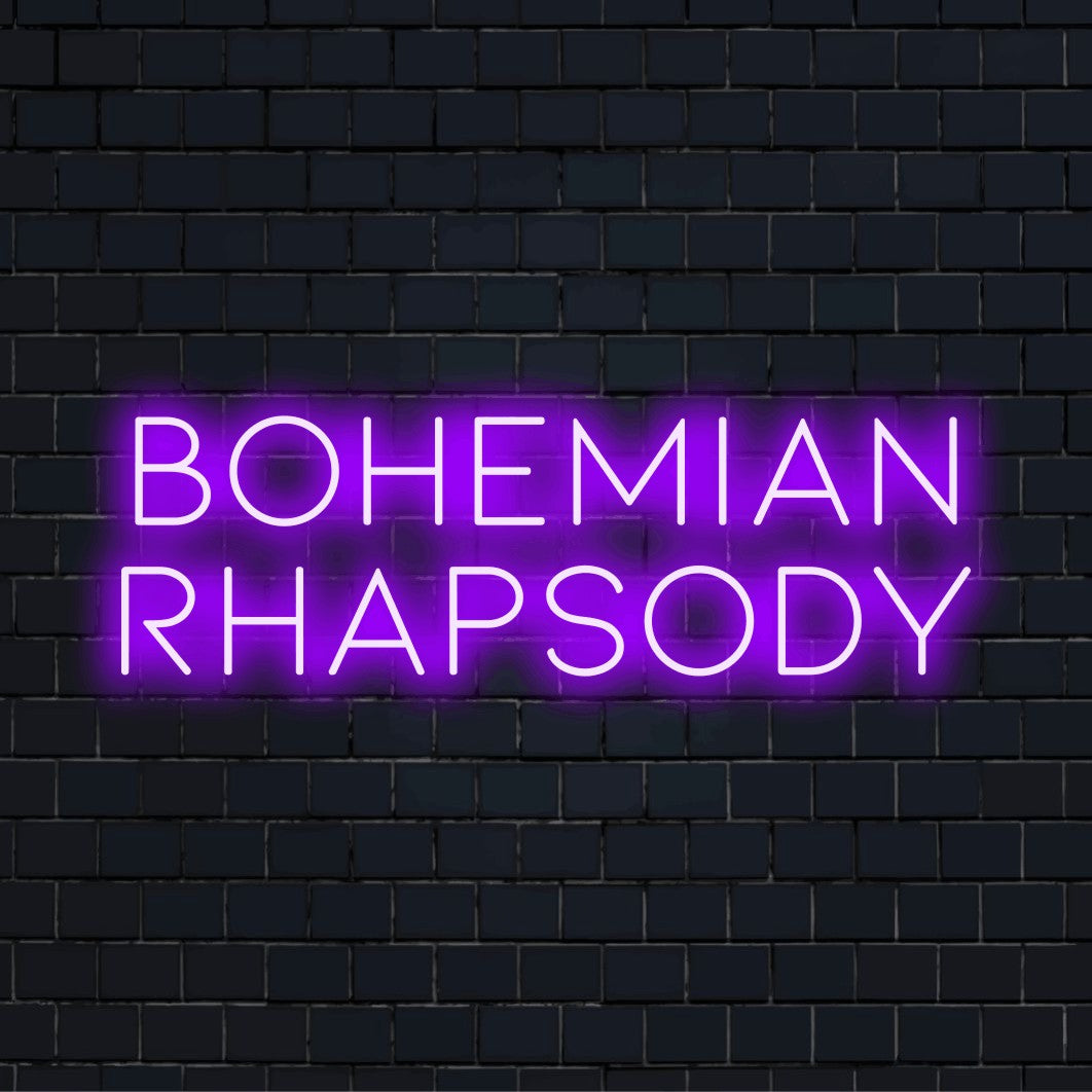 Bohemian Rhapsody Neon Light with glowing neon text against brick backdrop