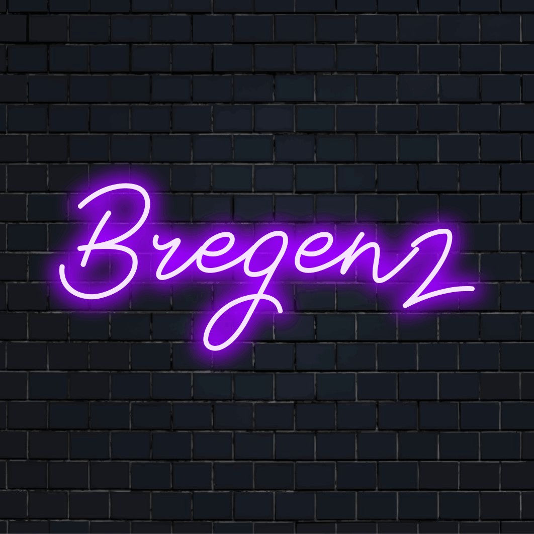 Bregenz LED Neon Sign, neon text light against brick backdrop