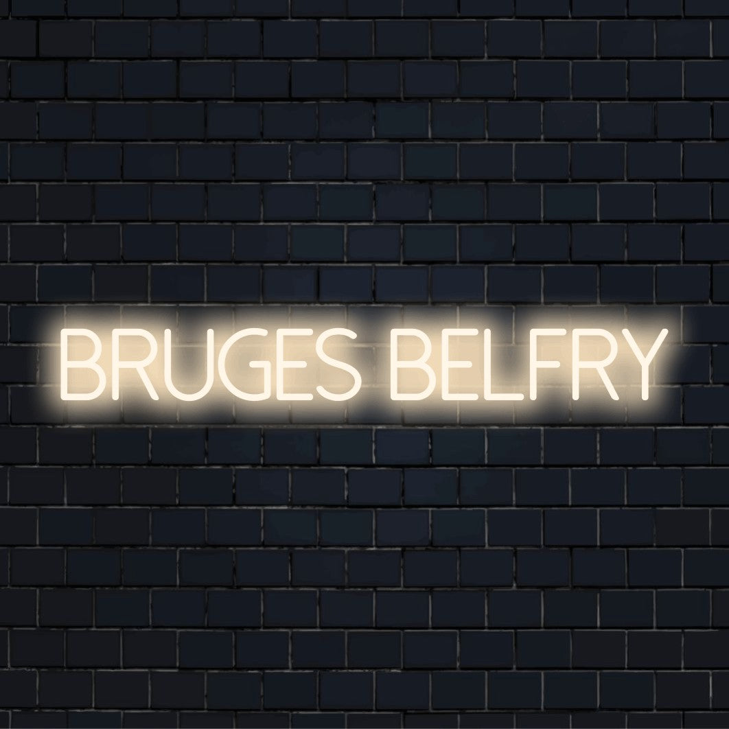 Bruges Belfry Neon Light with glowing lettering on black brick background