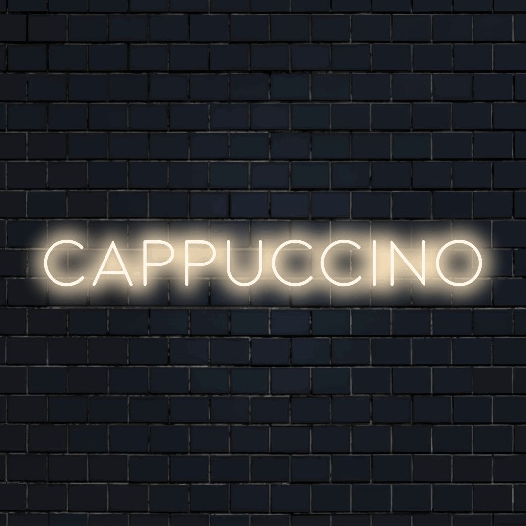 Cappuccino Neon Sign, glowing wall decor against black brick wall