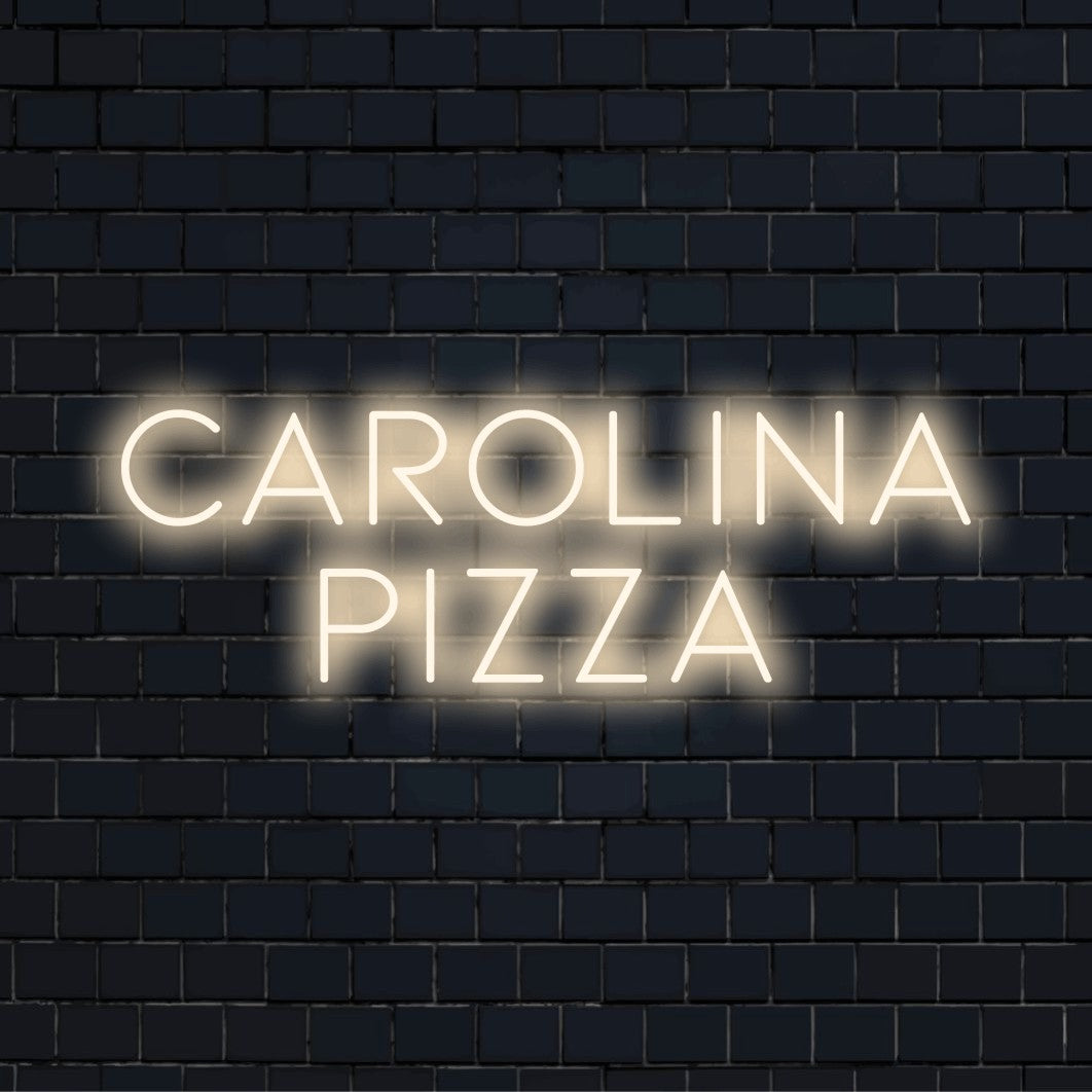 Carolina Pizza Custom Name Neon Sign, soft neon glow on dark brick wall