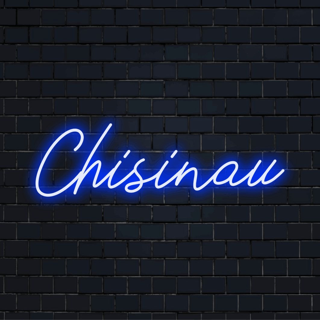 Chisinau Neon Light with glowing lettering on black brick background