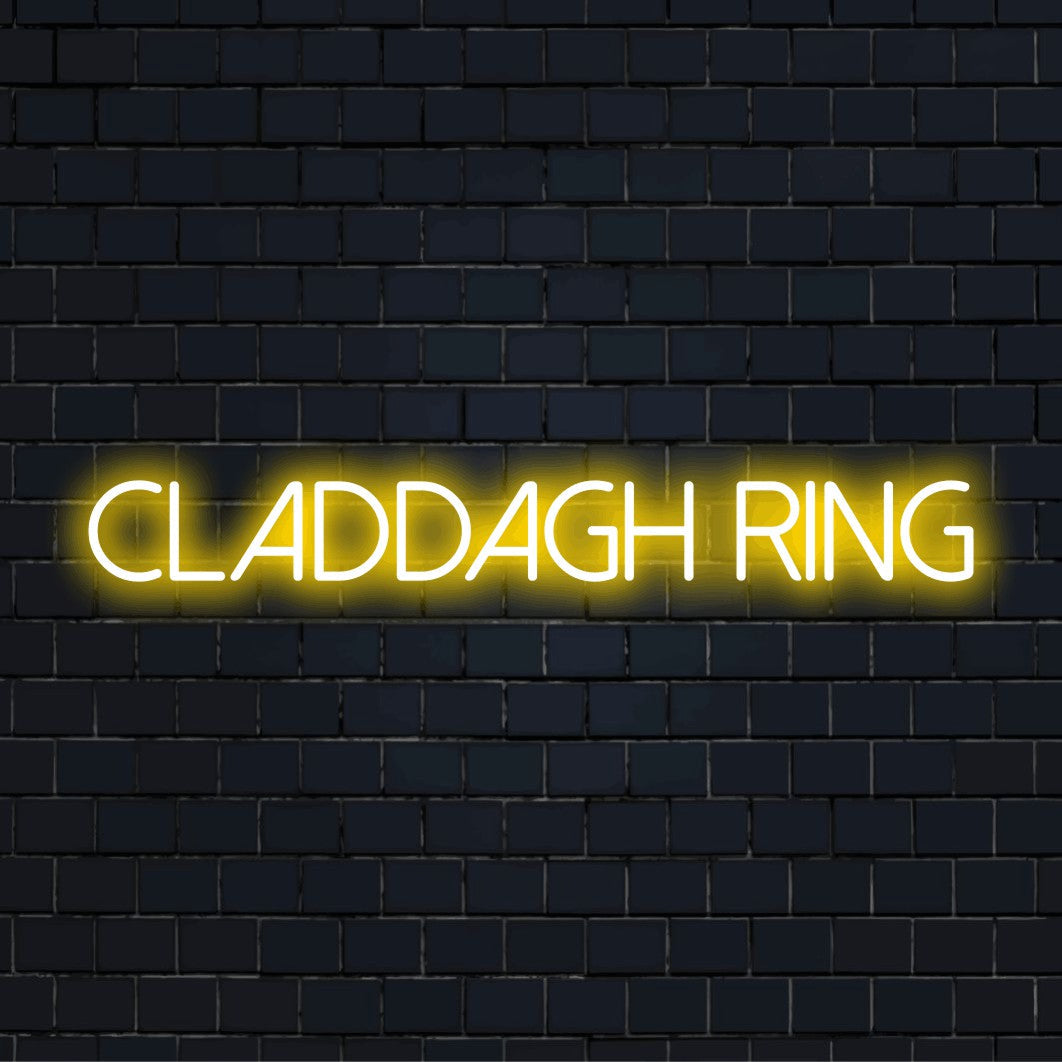 Claddagh Ring LED Neon Sign, bright neon glow on black brick background