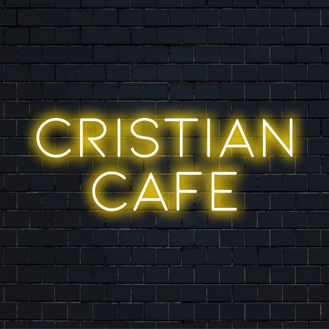 Cristian Cafe Custom Name Neon Sign, glowing wall decor on dark brick wall