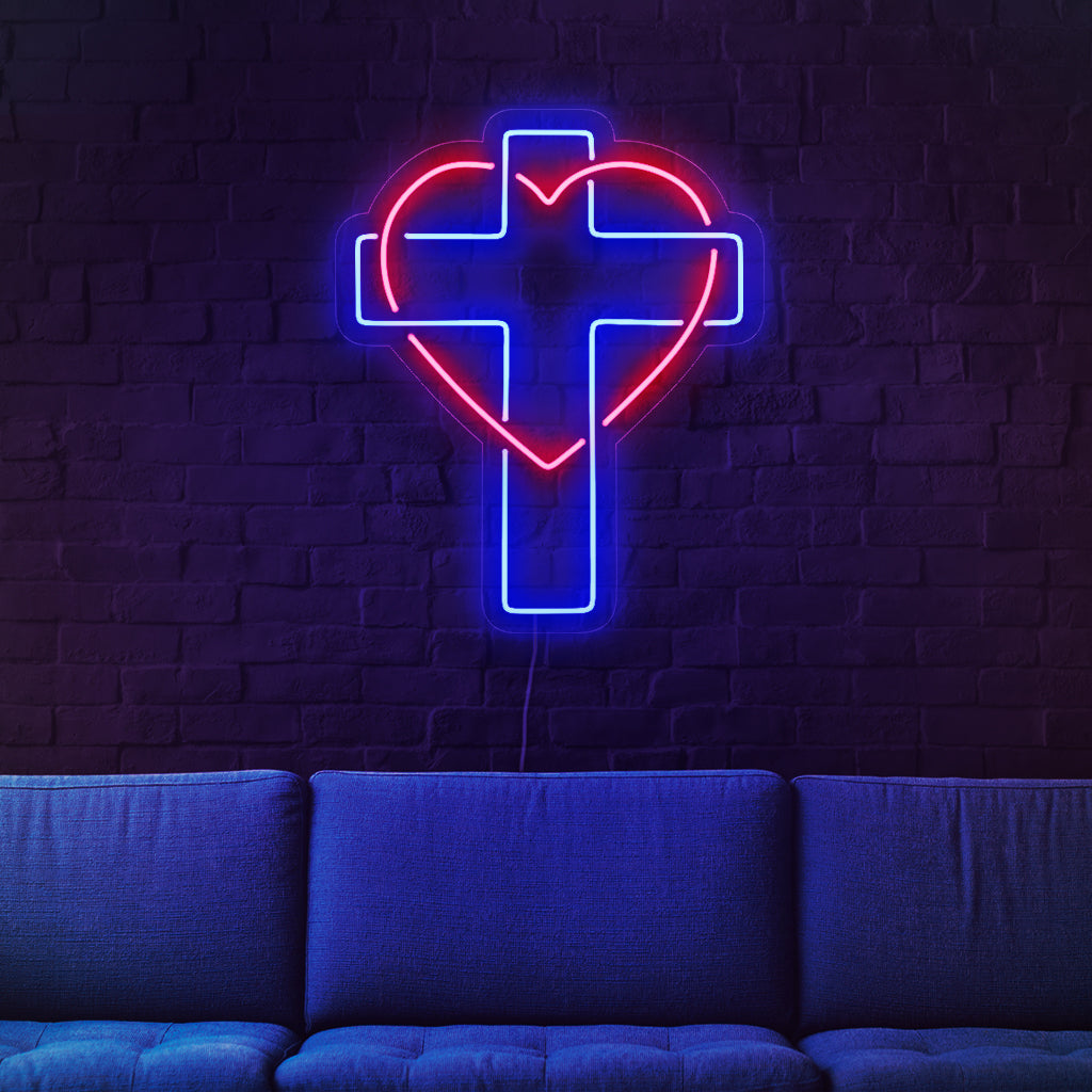 „Kreuz- und Herz-Neonschild“ – Ein spirituelles Neonlicht, das ein symbolisches Kreuz und Herz zeigt und Ihren Raum mit Wärme erfüllt.