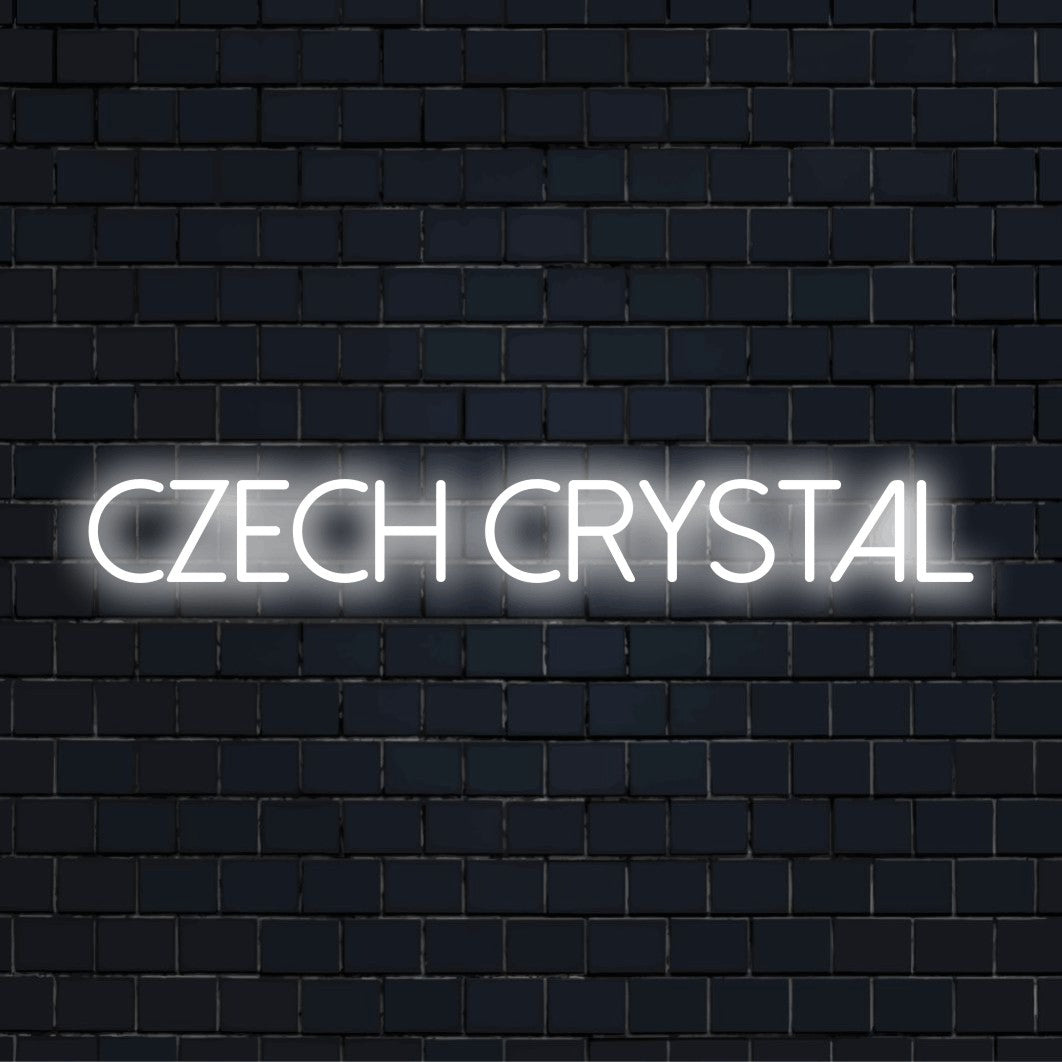 Czech Crystal LED Neon Sign, glowing wall decor on dark brick wall