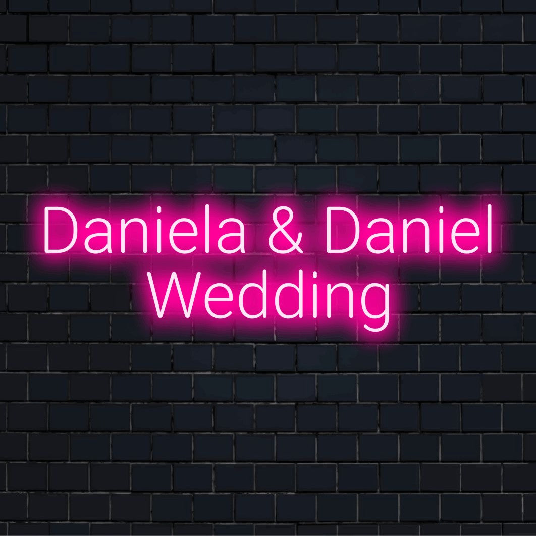 Daniela _ Daniel Wedding Custom Name Neon Sign, neon text light against black brick wall