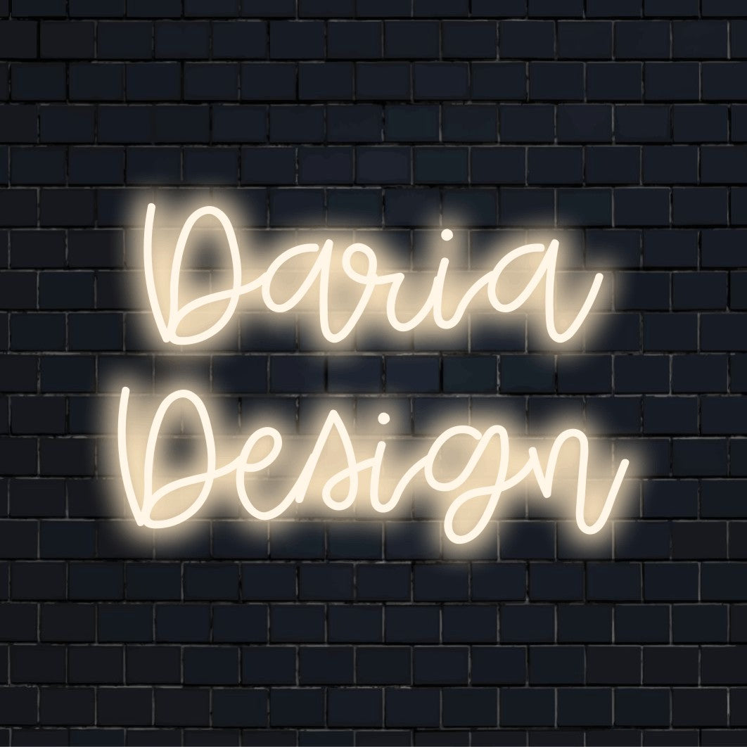 Daria Design Custom Name Neon Sign, soft neon glow on dark brick background