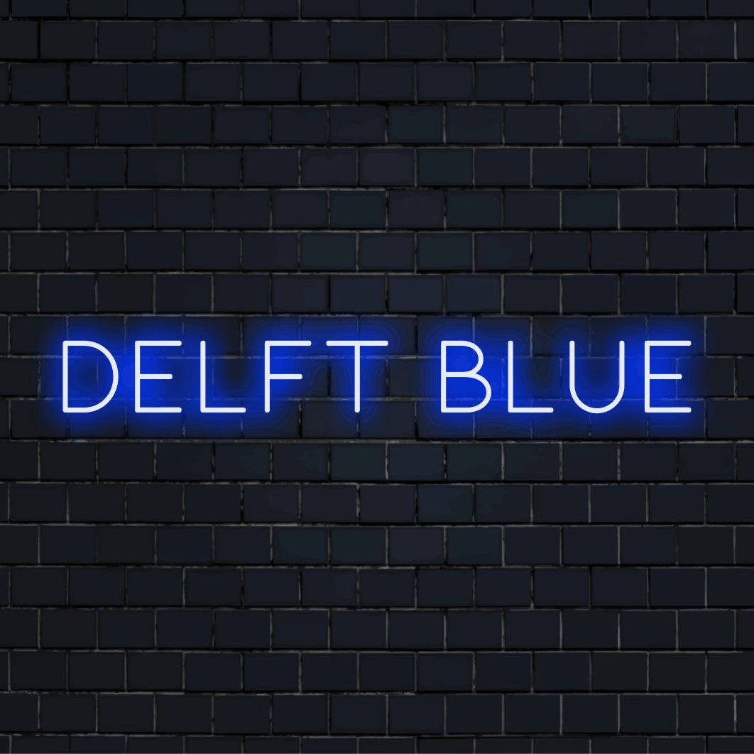 Delft Blue Neon Sign, neon text light on dark brick background