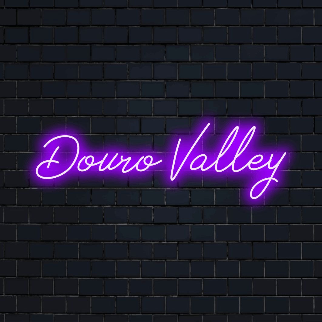 Douro Valley Neon Sign, bright neon lettering on black brick background