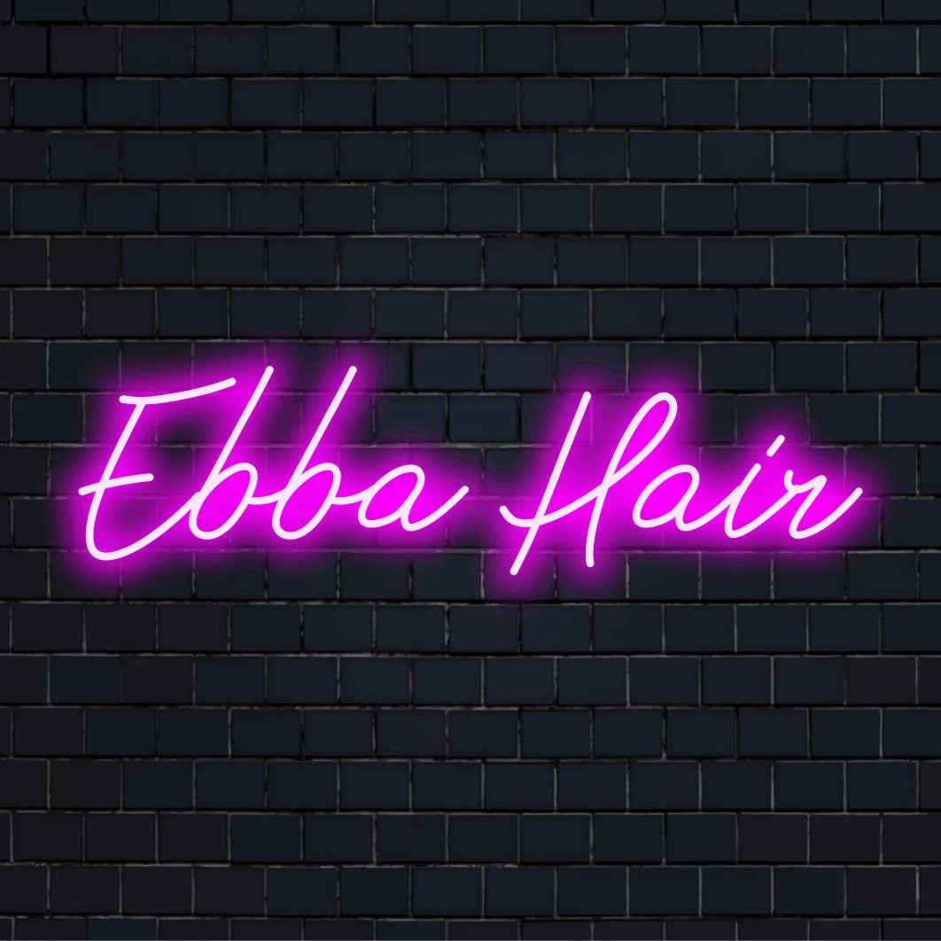Ebba Hair Custom Name Neon Sign, bright LED glow on black brick background