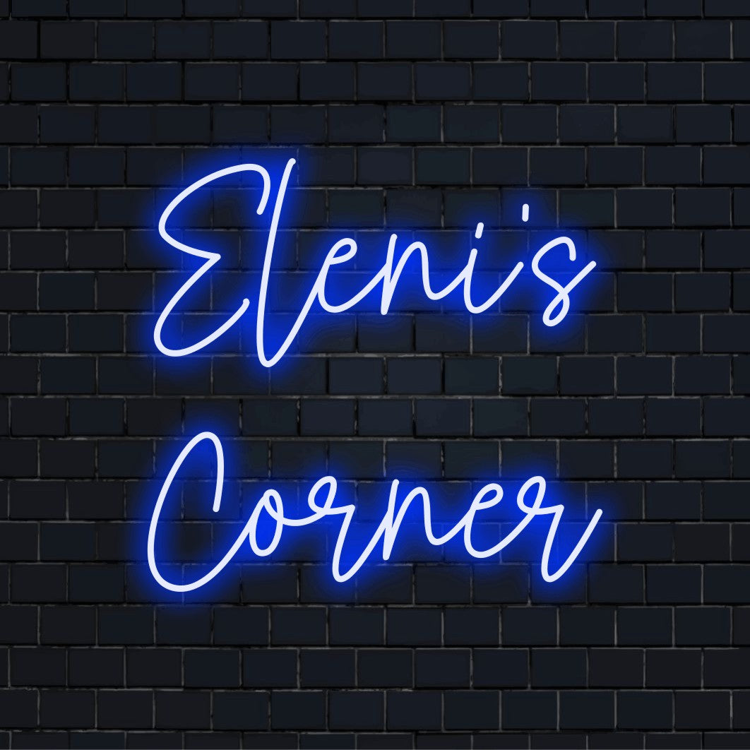 Eleni_s Corner Personalized LED Neon Sign, bright neon glow on black brick background