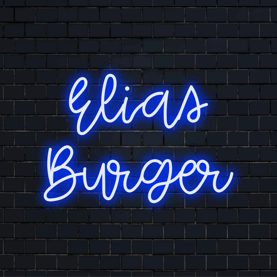 Elias Burger Personalized Neon Light with bright neon lettering on dark brick wall