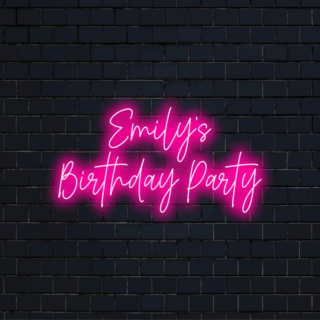 Emily_s Birthday Party Personalized Neon Light with glowing neon text against black brick wall