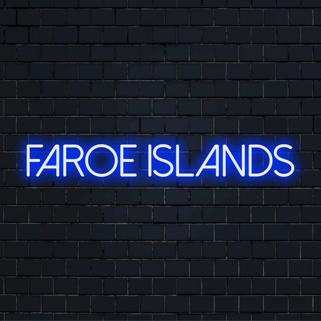 Faroe Islands Neon Light with glowing lettering on dark brick background