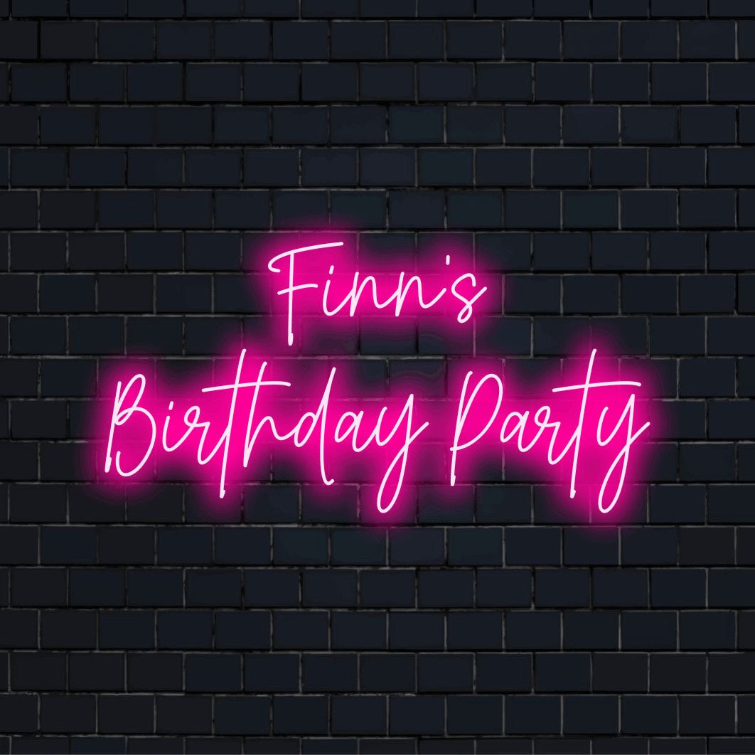 Finn_s Birthday Party Custom Name Neon Sign, bright neon lettering on dark brick wall