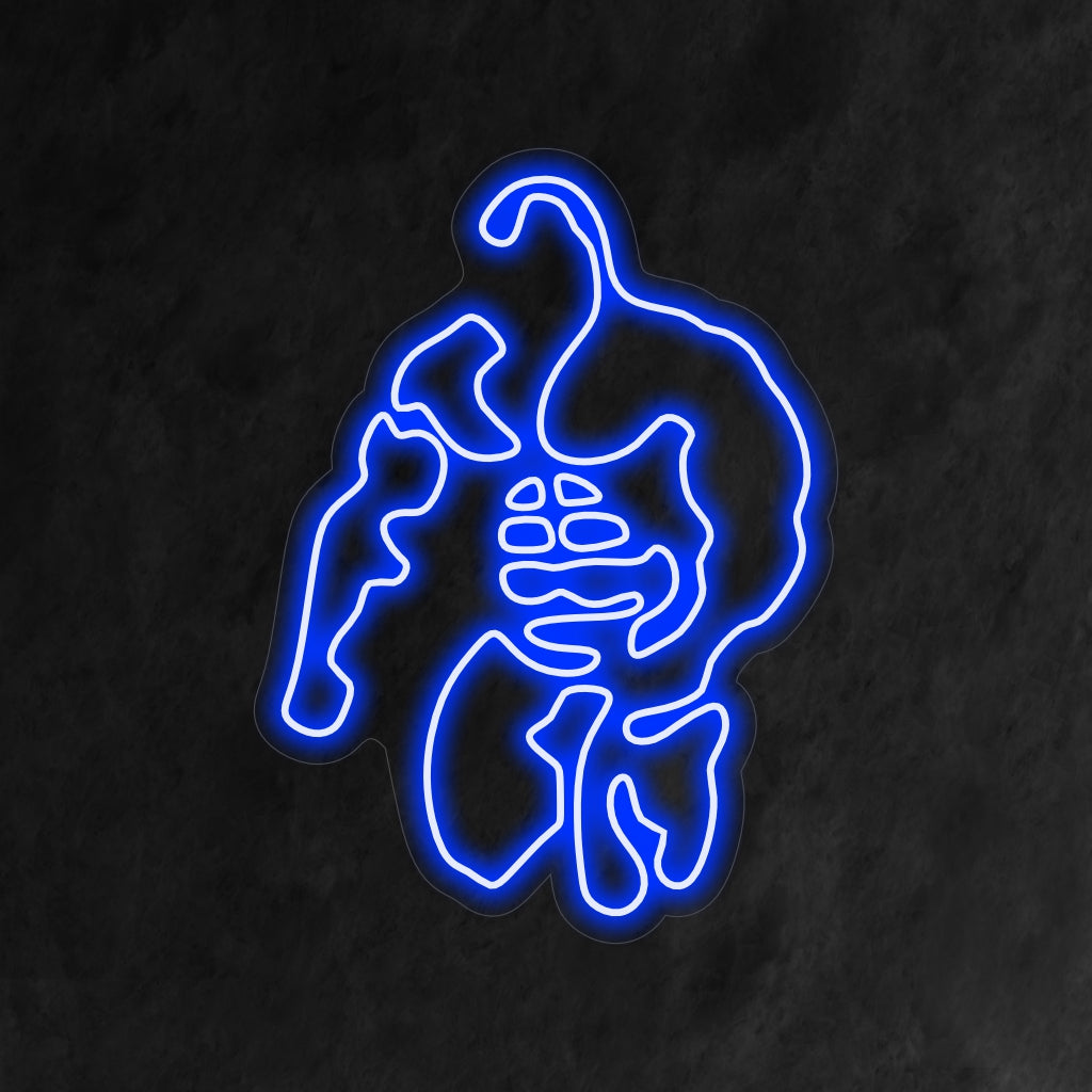 Die Silhouette eines Bodybuilders wird durch blaues Neonlicht hervorgehoben, das seine Muskeln zur Geltung bringt.