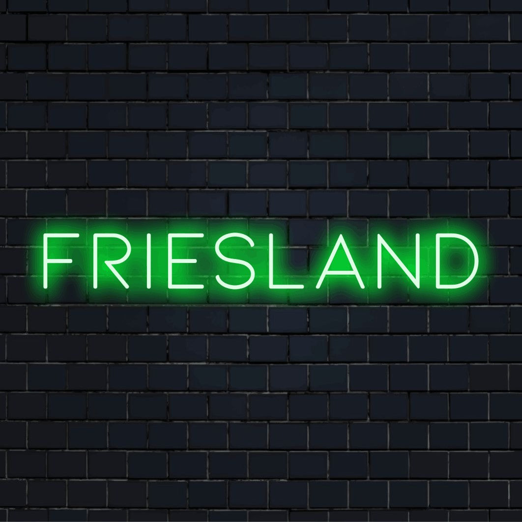 Friesland Neon Sign, bright LED glow on black brick background