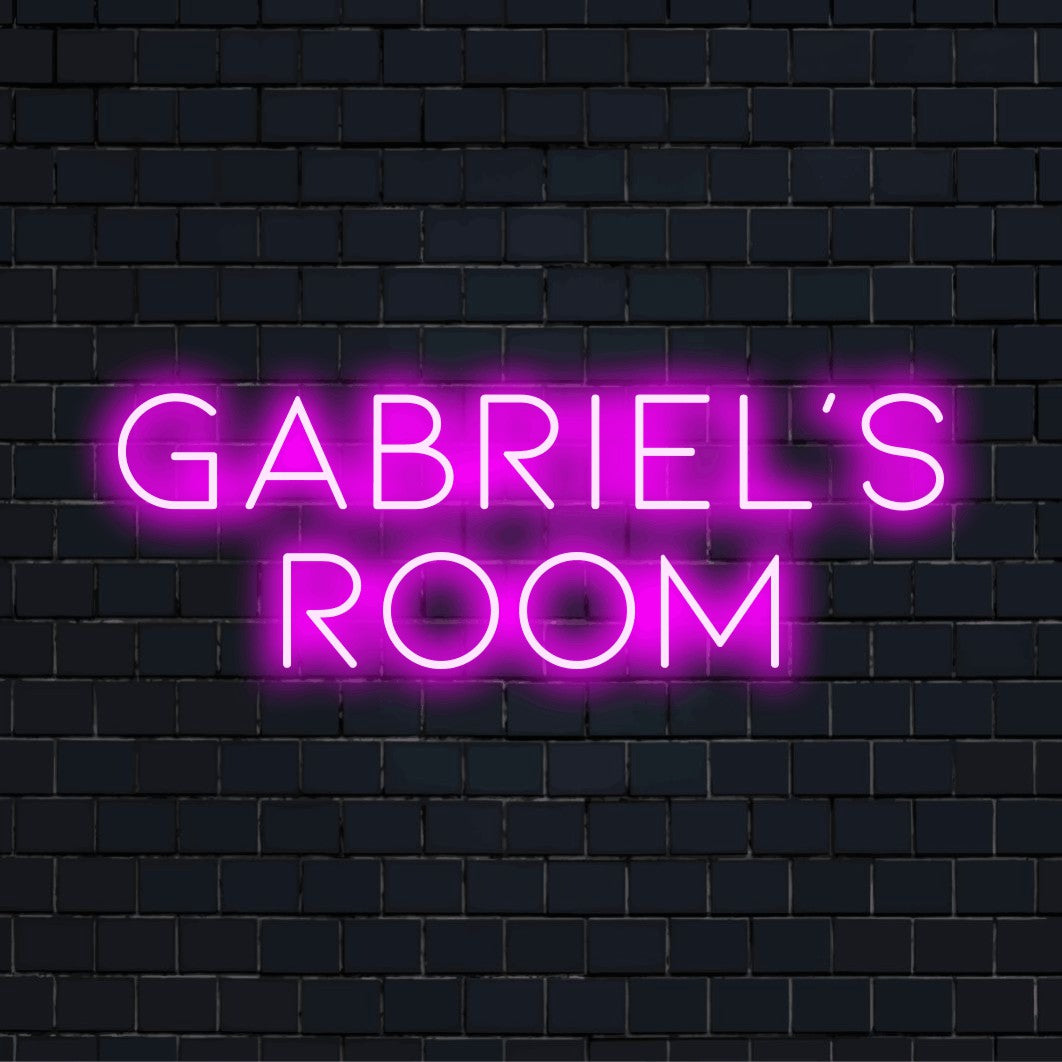Gabriel_s Room Personalized LED Neon Sign, glowing lettering against black brick wall