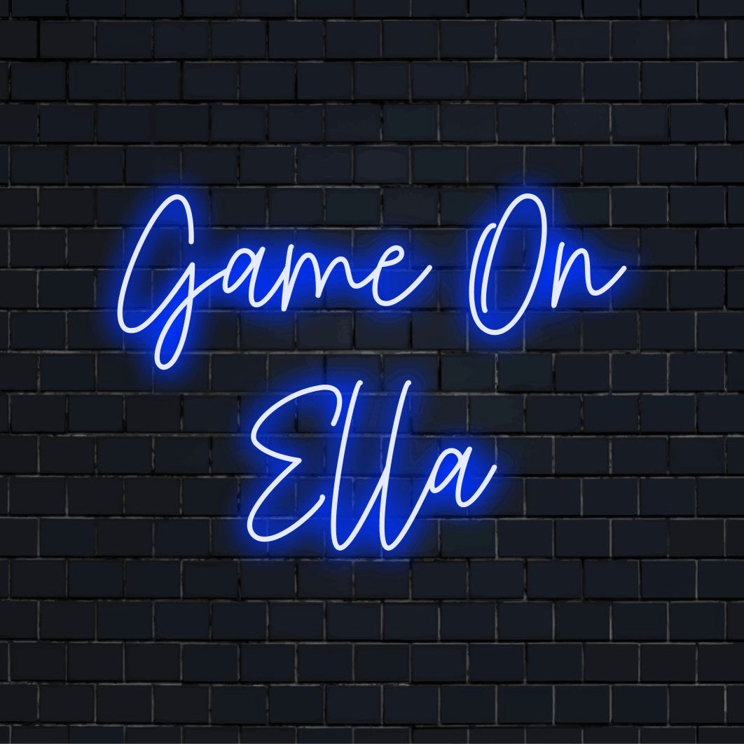 Game On Ella Custom Name Neon Sign, glowing neon text on dark brick background