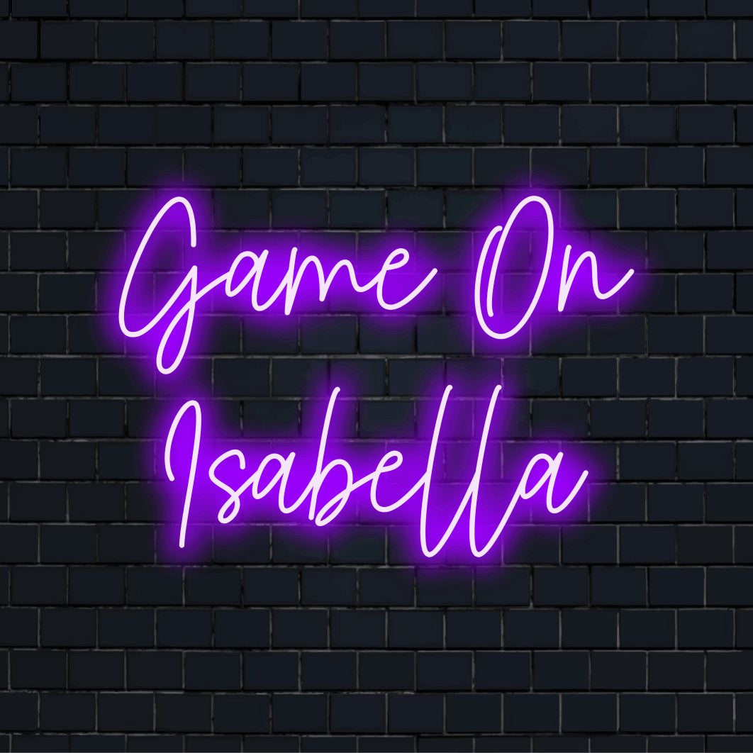 Game On Isabella Custom Name Neon Sign, glowing neon text on black brick background