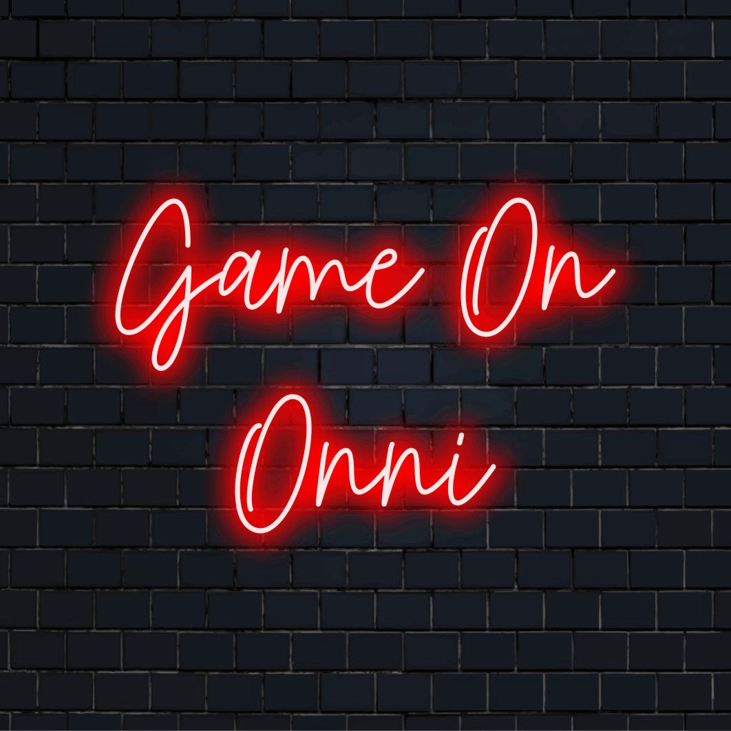 Game On Onni Personalized Neon Light with bright LED glow on dark brick background