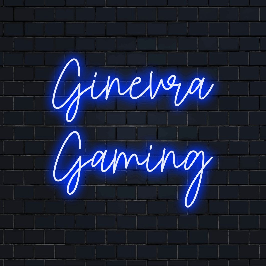 Ginevra Gaming Personalized LED Neon Sign, glowing neon text against black brick wall