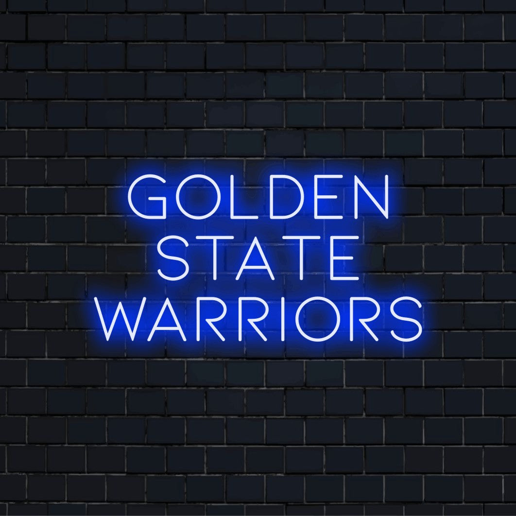 Golden State Warriors Neon Sign, glowing wall decor on dark brick wall